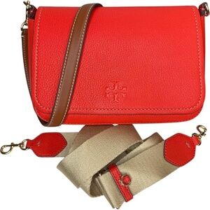 Tory Burch Women's Pebbled Leather Thea Flap Crossbody Shoulder Bag, Red Poppy